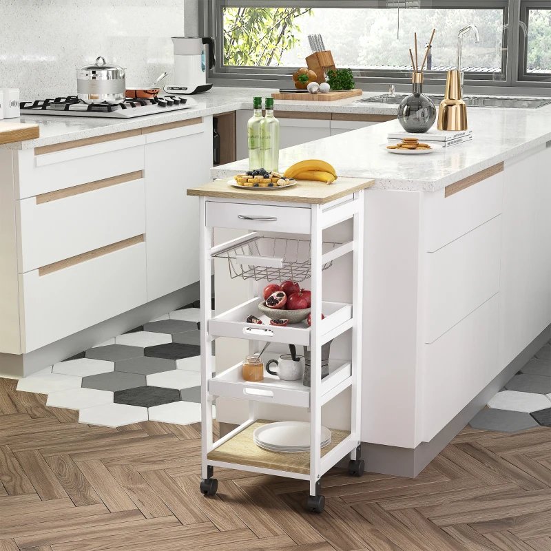 HOMCOM Mobile Kitchen Cart, Rolling Kitchen Island with Storage, Utility Cart with Wire Fruit Baskets, Trays and Drawer, White
