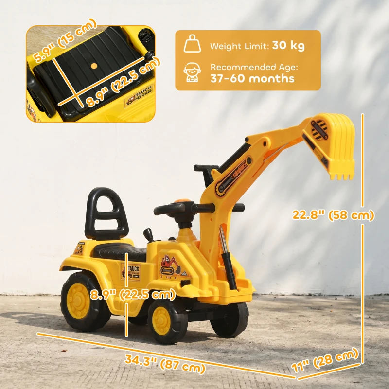 HOMCOM Ride-On Toy Excavator with Digger Scooter Steering Wheel Storage Toddlers for 18-48 Months, Yellow