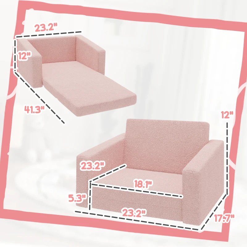 Qaba 2 in 1 Kids Fold Out Chair Convertible Sofa to Lounger w/ Washable Cover for Boys and Girls, Pink