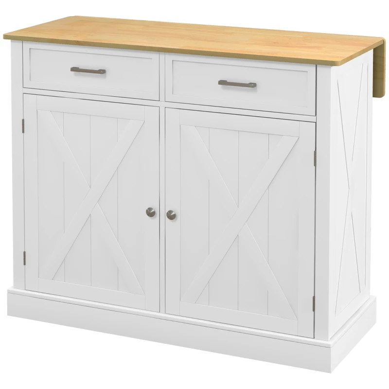 HOMCOM Rolling Kitchen Island with Drop Leaf Wood Breakfast Bar, Farmhouse Kitchen Cart with 2 Drawers, Adjustable Shelves for Dining Room, White