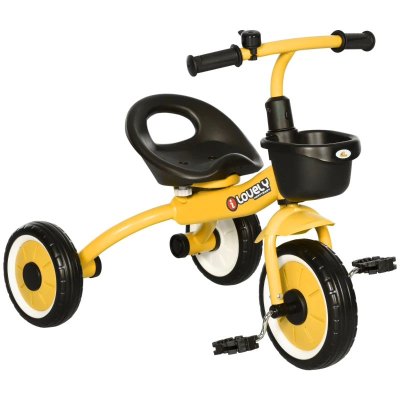 Qaba Tricycle for Toddler 2-5 Year Old Girls and Boys, Toddler Trike with Adjustable Seat, Basket, Bell, Yellow