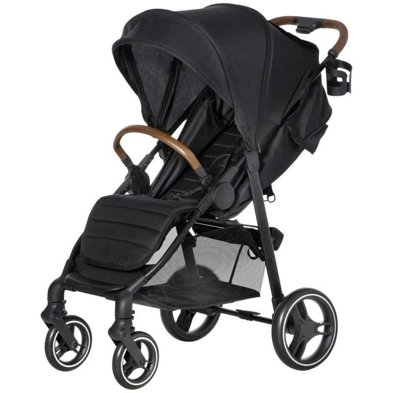 Qaba Lightweight Baby Stroller with One-Click Fold, Toddler Travel Stroller with Adjustable Backrest Footrest, Compact Stroller with All Wheel Suspension, Sun Canopy, Black