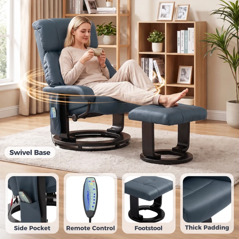 HOMCOM Massage Recliner Chair with Ottoman, 360° Swivel Recliner and Footstool, 10-Point Vibration, Blue