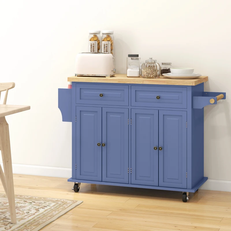 HOMCOM Kitchen Island on Wheels, Rolling Cart with Rubberwood Top, Spice Rack, Towel Rack and Drawers, Navy Blue