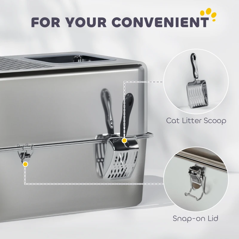 PawHut Stainless Steel Cat Litter Box with Lid, Extra Large Enclosed Litter Box with Top Litter-Catching Holes, Scoop, Silver