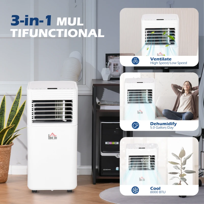 HOMCOM 8000 BTU Portable Air Conditioner for Rooms Uo to 344 Sq.Ft., 4-in-1 Mobile AC Unit with Dehumidifier, Cooling Fan, Sleep Mode, Remote, 24H Timer, Window Installation Kit, White