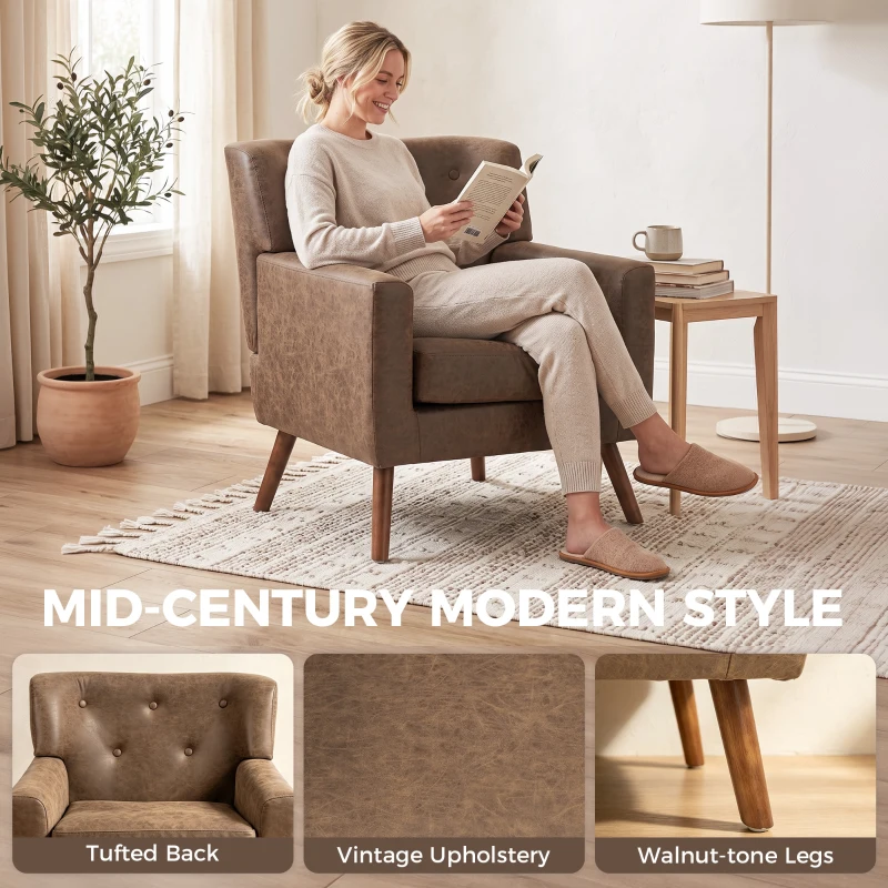 HOMCOM PU Leather Accent Chair, Mid Century Modern Armchair with Spring Seat Cushion, Tufted Back, Wood Legs, Brown