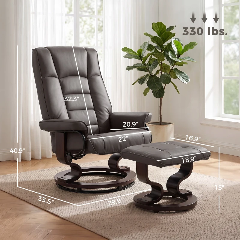 HOMCOM Faux Leather Reclining Chair with Ottoman, Manual Recliner with Tufted Back and Wood Frame for Living Room, Brown