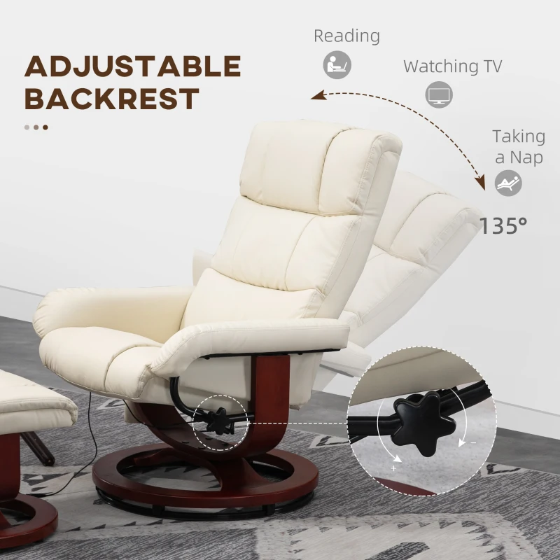 HOMCOM Swivel Recliner with Ottoman Massage, Recliner Chair and Ottoman, Faux Leather Reclining Chair with Remote, Cream White