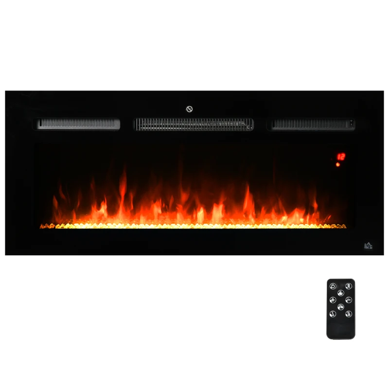 HOMCOM 40" 1500W Recessed and Wall Mounted Electric Fireplace Inserts with Remote, Adjustable Flame Color and Brightness, Cryolite-Effect Rocks, Black