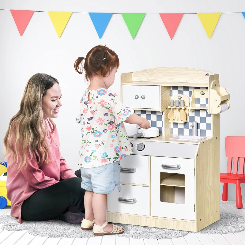 Qaba Kids Wooden Play Kitchen Set, Pretend Cooking Toy with Drawers, Faucet, Sink, Pots, Natural Wood