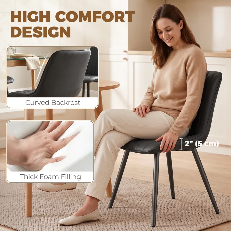 HOMCOM Dining Chairs Set of 4, Faux Leather Upholstered Kitchen Chairs with Metal Legs for Dining Room, Living Room, Black