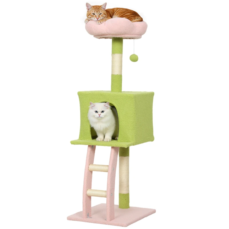 PawHut 48" Flower Cat Tree with Scratching Post, Cozy Bed, Condo, Climbing Ladder, Perch, Dangling Ball, Green