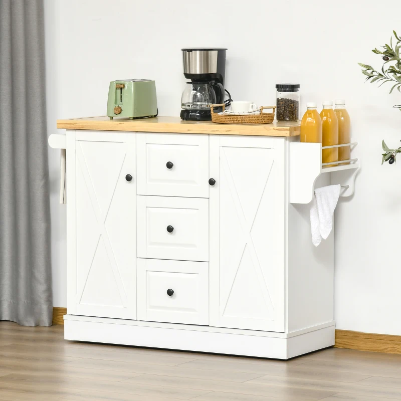 HOMCOM Rolling Kitchen Island with Storage, Kitchen Cart with Wood Top, 3 Drawers and 2 Barn Door Style Cabinet, Adjustable Shelves, Spice Rack, White