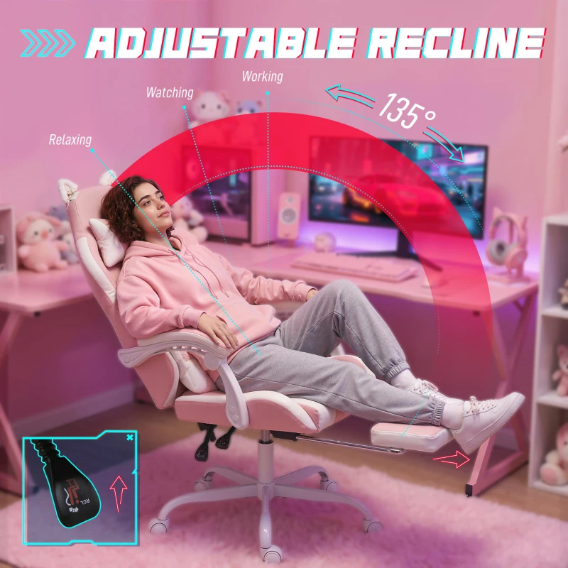 HOMCOM Cute Gaming Chair with Cat Ears, Gamer Computer Chair with Lumbar Support, Footrest, Headrest, Faux Leather, Pink