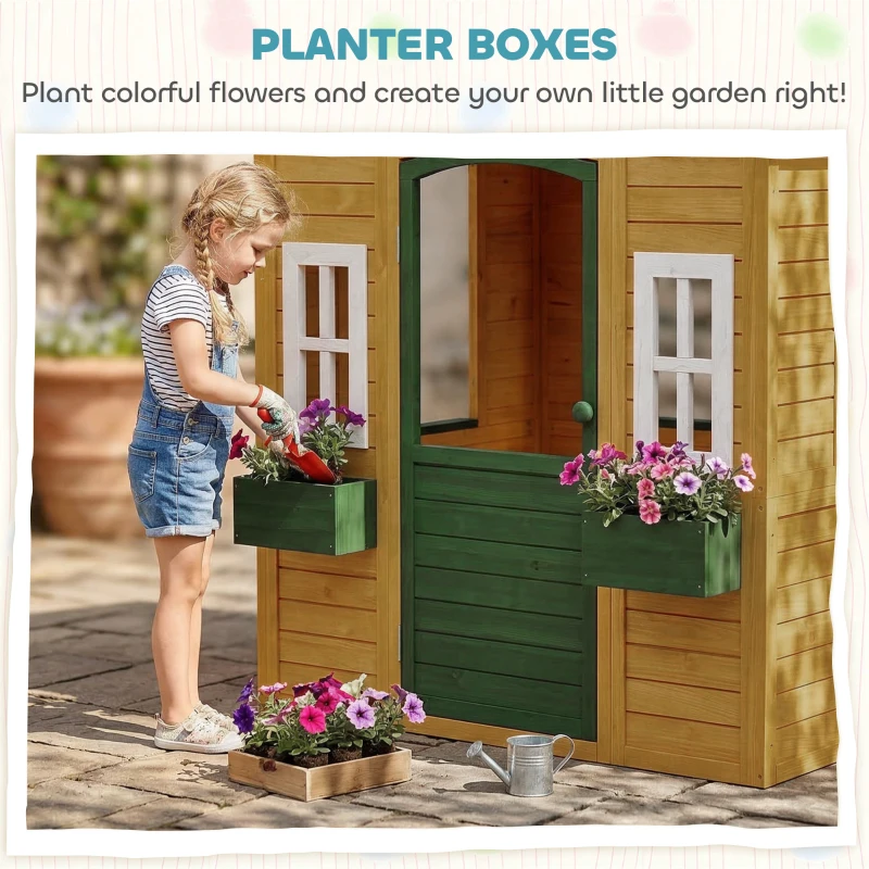 Qaba Outdoor Playhouse, Wooden Kids Playhouse with Door, 3 Windows, 2 Flower Boxes for Garden, Indoor Playroom, Ages 3–8