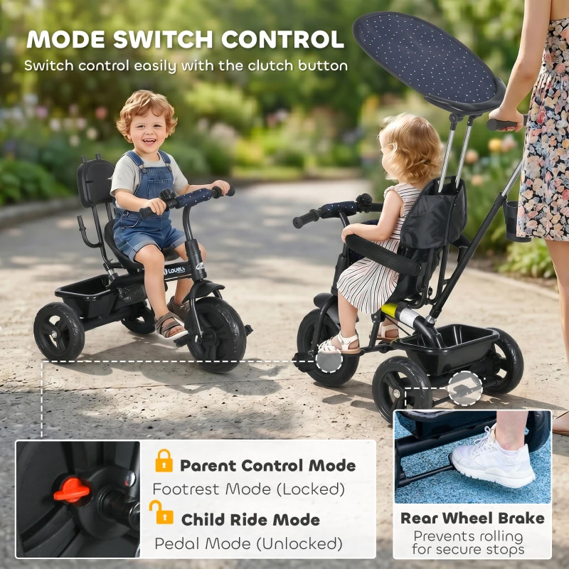 Qaba 6 in 1 Kids Tricycle with Removable Handlebar and Canopy, Navy Blue