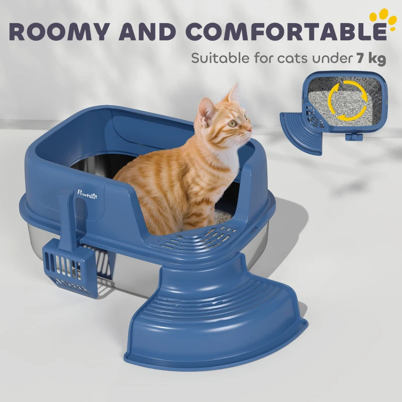 PawHut Stainless Steel Cat Litter Box, Cat Litter Box with High Side and Scoop, Anti-Leakage, Easy to Clean, Navy Blue