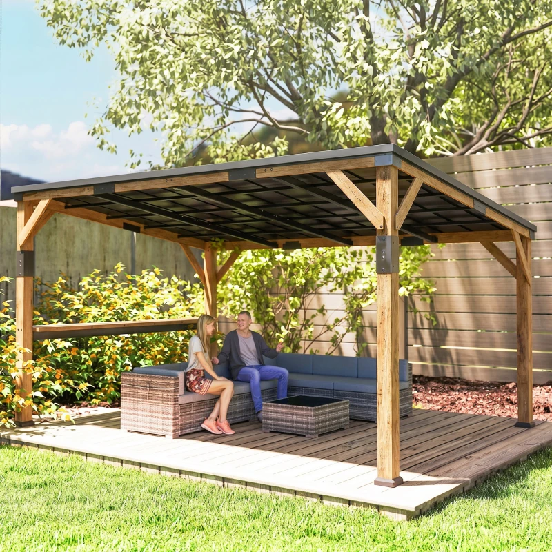 Outsunny 10' x 14' Wooden Gazebo, Hardtop Lean-to Gazebo Pergola with Galvanized Steel Sloped Roof, Bar Shelf, Natural Wood