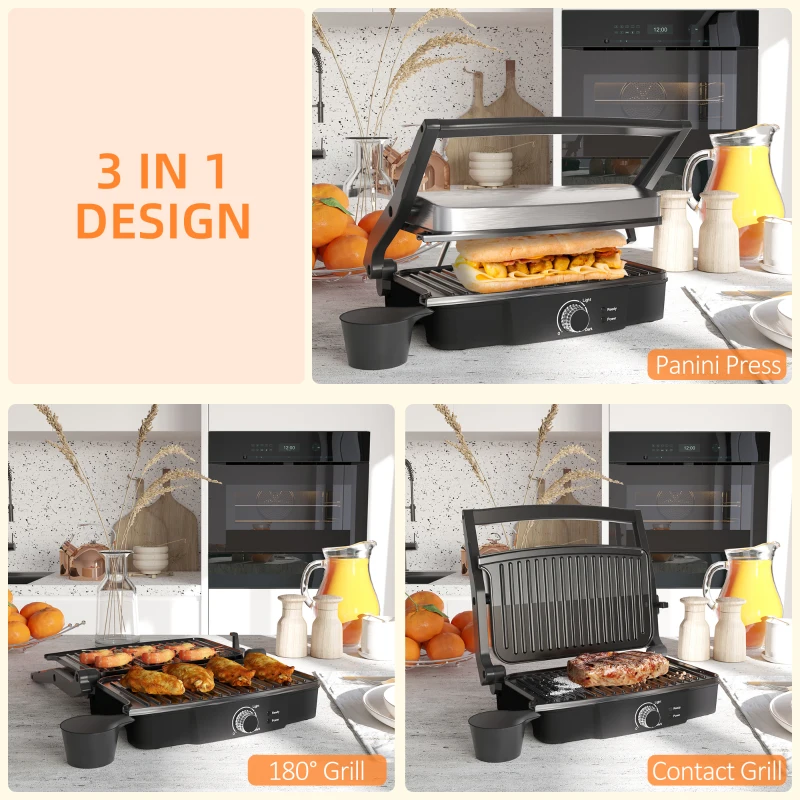 HOMCOM 4 Slice Panini Press Grill, Stainless Steel Sandwich Maker with Non-Stick Double Plates, Locking Lids and Drip Tray, Opens 180 Degrees to Fit Any Type or Size of Food 13"x10.25"x4.75"