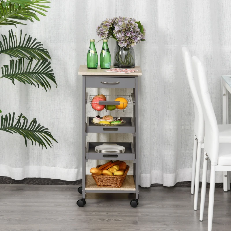 HOMCOM Mobile Kitchen Cart, Rolling Kitchen Island with Storage, Utility Cart with Wire Fruit Baskets, Trays and Drawer, Gray