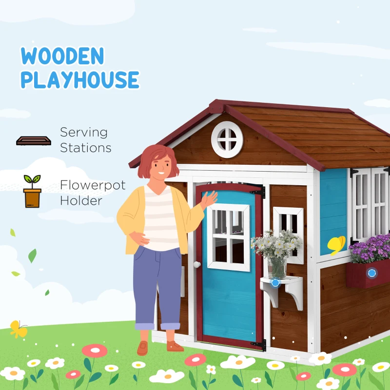 Outsunny Wooden Playhouse for Kids Outdoor with Door, Windows, Planter Pots and Boxes for Toddlers 3-8 Years, Dark Brown