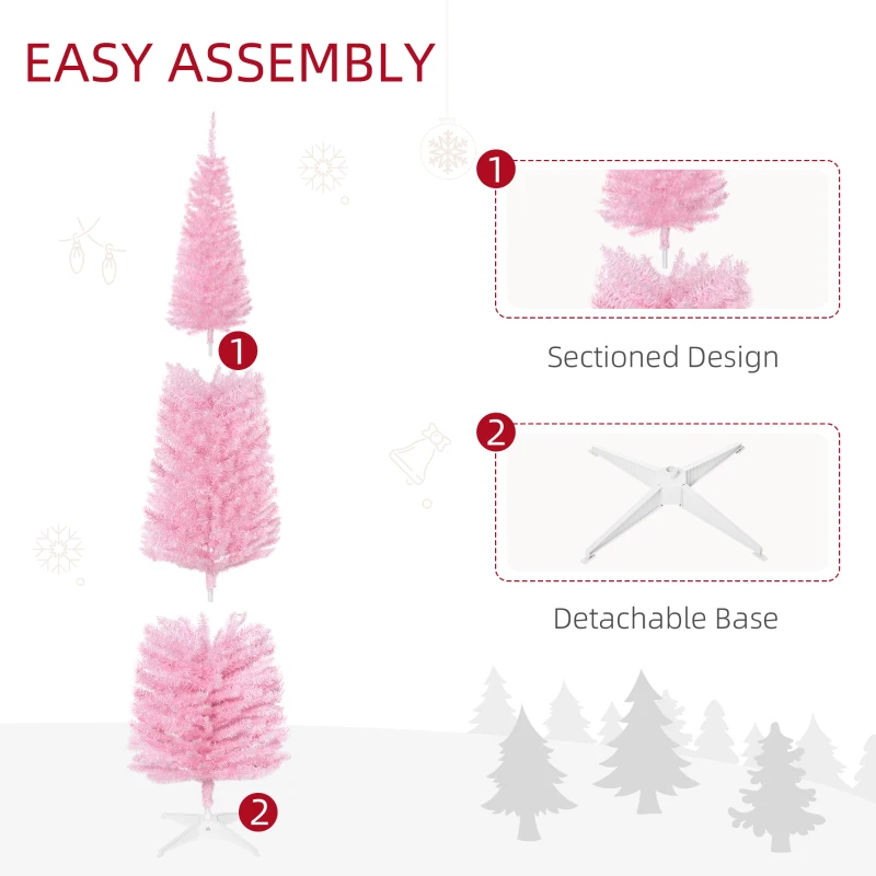 HOMCOM 7ft Unlit Pencil Artificial Christmas Tree with Realistic Branches and 499 Tips, Plastic Base, Pink