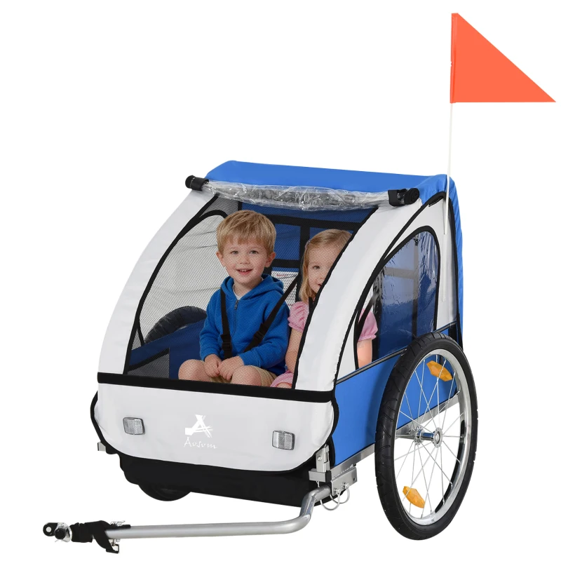 Aosom 2-Seat Child Bike Trailer for Kids with a Strong Steel Frame, 5-Point Safety Harnesses, & Comfortable Seat, Blue