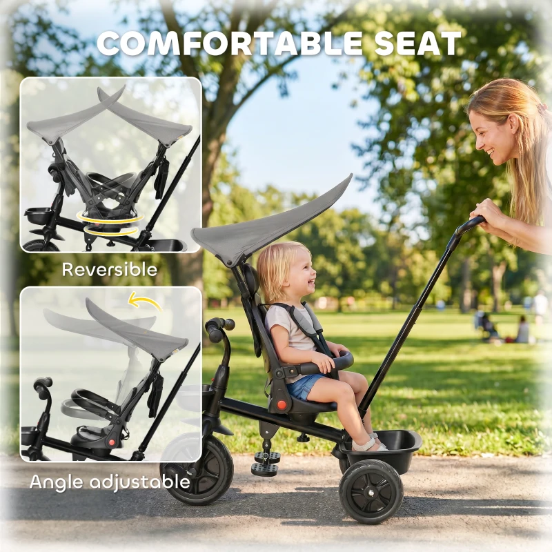 Qaba Tricycle for Toddler 5 in 1 Kids Trike, Converts Stroller to Toddler Bike, Adjustable Backrest & Flat Canopy, Detachable Guardrail & Handle for 1-5 Years Old, Grey