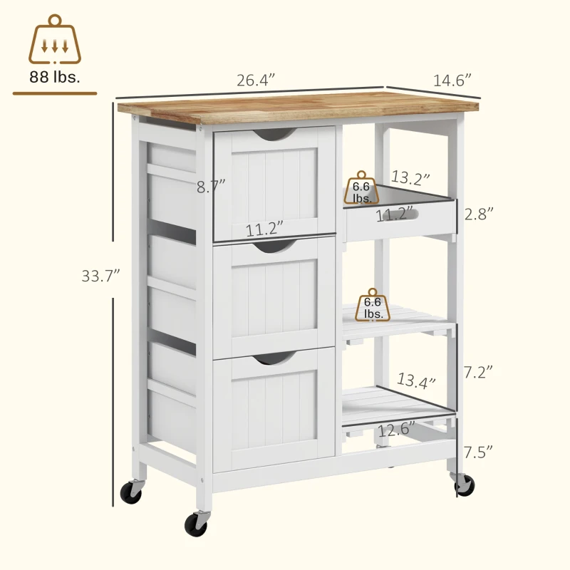 HOMCOM Rolling Kitchen Cart, Kitchen Island with Wood Top, Shelves & Drawers for Dining Area, White