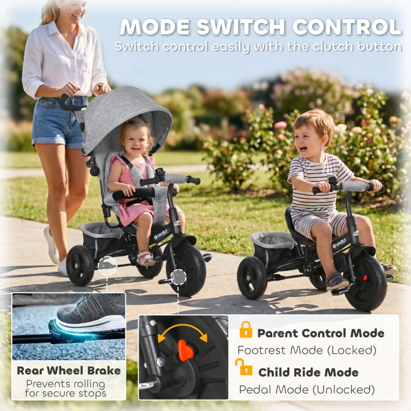 Qaba 6 in 1 Tricycle for Toddler 1-5 Years with Parent-Push Handle, Grey