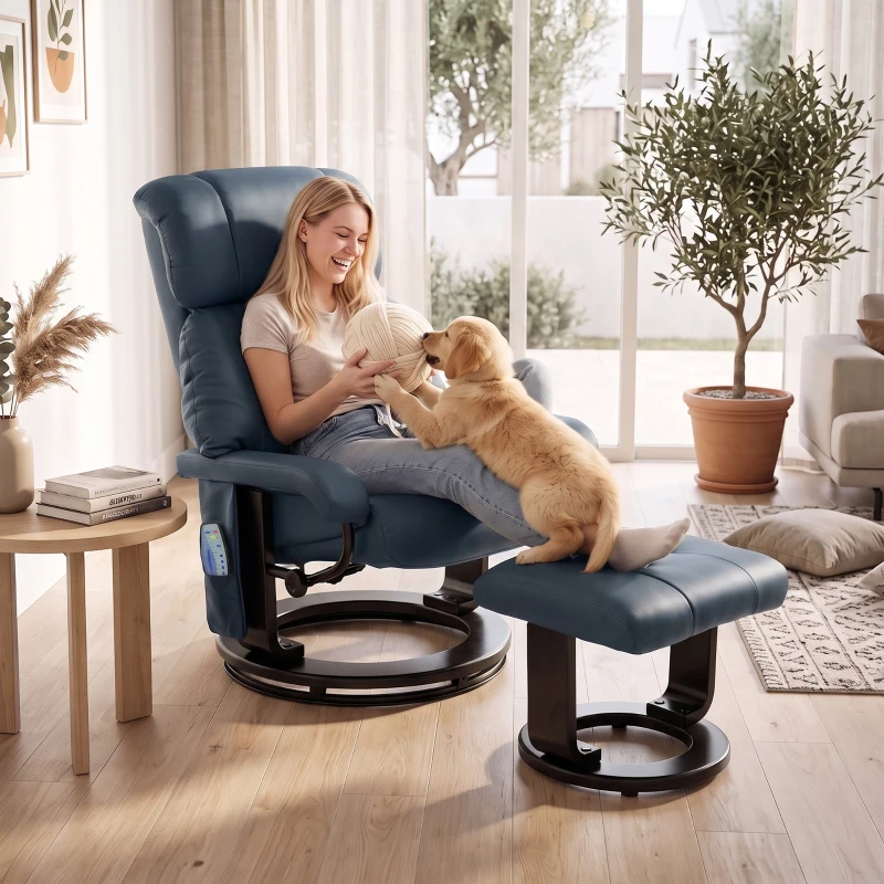 HOMCOM Massage Recliner Chair with Ottoman, 360° Swivel Recliner and Footstool, 10-Point Vibration, Blue