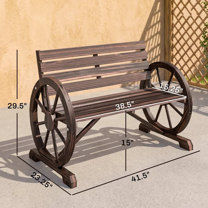Outsunny 41" Wooden Wagon Wheel Bench, Rustic Outdoor Patio Bench Weather Resistance Furniture, 2-Person Slatted Seat with Backrest, Carbonized