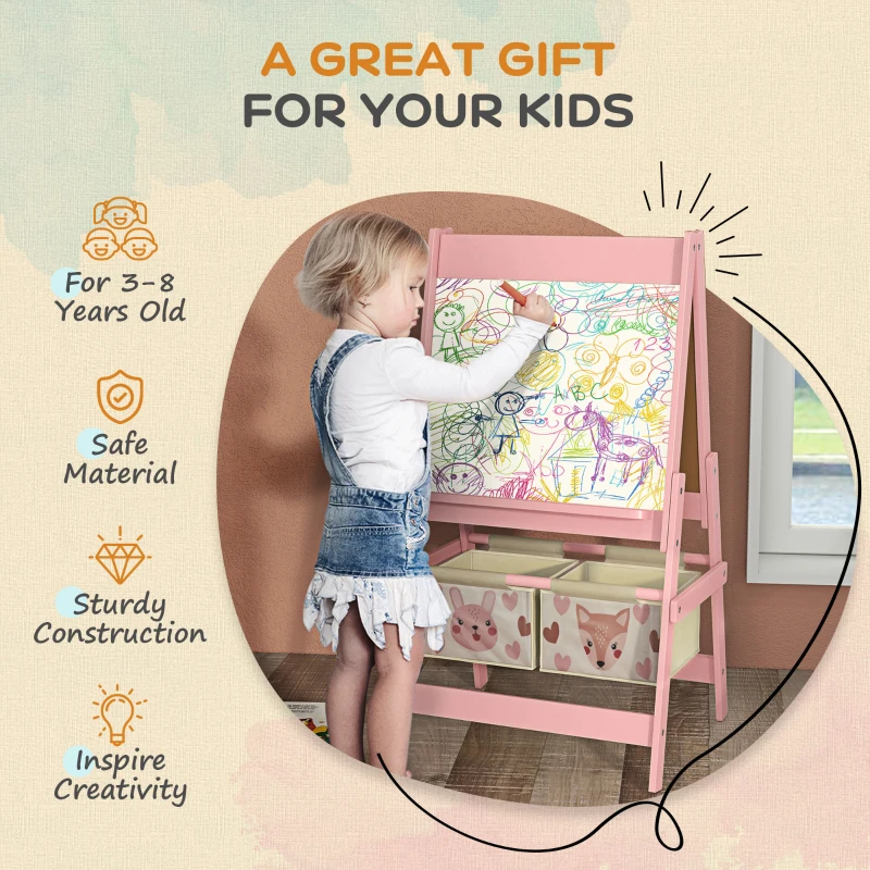 Qaba Toy Box with Lid and Kids Easel with Paper Roll, Blackboard, Whiteboard, Cute Fox Design, for Ages 3-8 Years, Pink