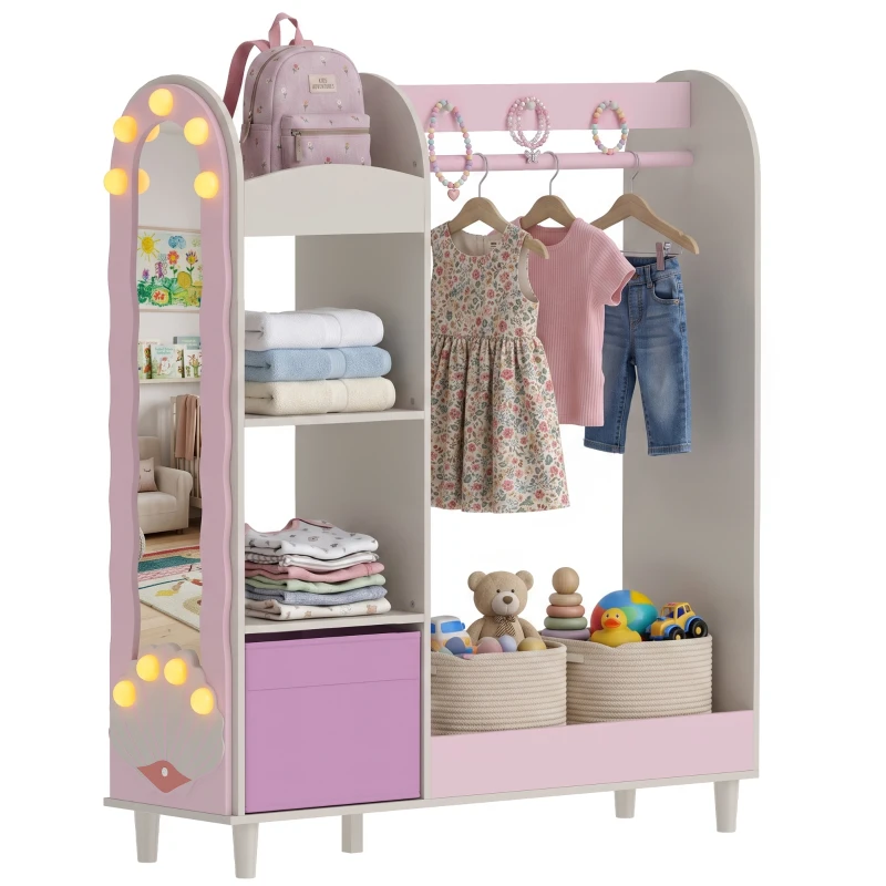 Qaba Kids Clothing Rack, Kids Wardrobe with Glowing Lights Mirror, Non-Woven Drawer and Shelves for Bedroom, Ages 3-8, Pink