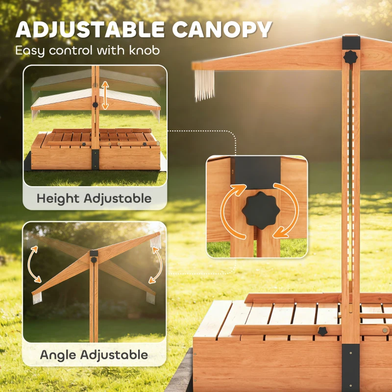 Qaba Kids Sandbox with Canopy, Wooden Sand Box with Foldable Picnic Table, Bench Seats, Liner, Cover, Gift for Ages 3-8