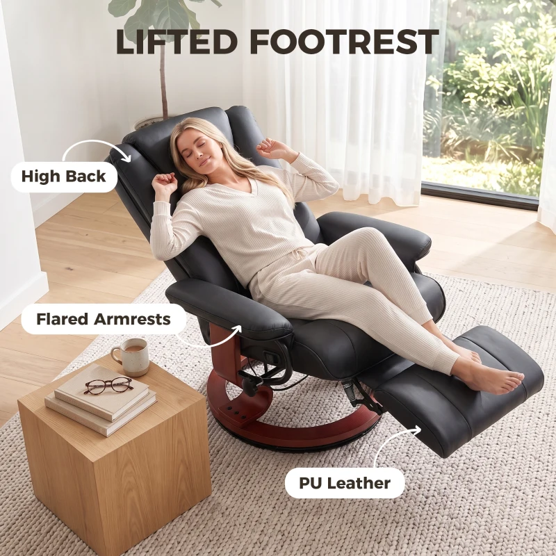 HOMCOM Modern RV Recliner Chair, PU Leather Swivel Recliner Armchair with Footrest for Living Room, Black