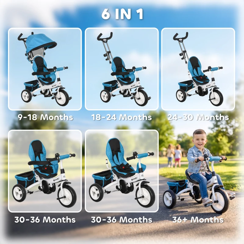 Qaba 6 in 1 Toddler Tricycle Stroller with Basket, Canopy, 5-point Safety Harness, for 12-60 Months, Blue