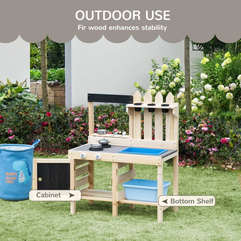 Outsunny Outdoor Kitchen Play Set with Frying Pan, Pretend Play Mud Kitchen for Kids with Removable Sink, Wooden Kitchen Set for Ages 3-7, with Planting Pots, Shelf, Cabinets