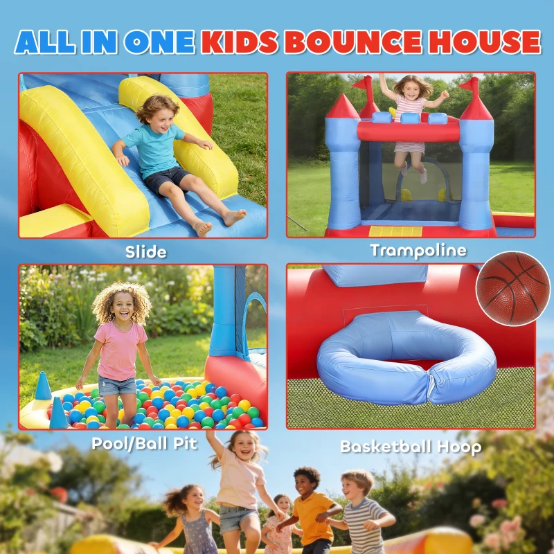 Qaba Bouncy Castle for Kids, Inflatable Bounce House with Slide, Pool/Ball Pit, Basketball Hoop and Blower for Indoor Outdoor