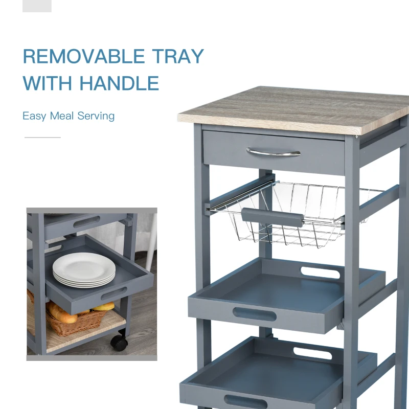 HOMCOM Mobile Kitchen Cart, Rolling Kitchen Island with Storage, Utility Cart with Wire Fruit Baskets, Trays and Drawer, Gray