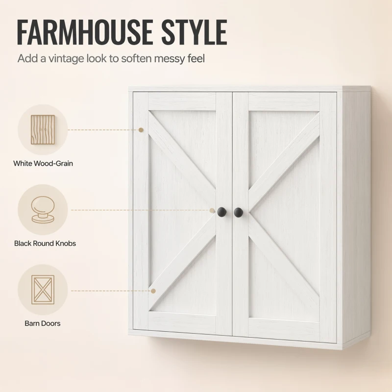 HOMCOM Bathroom Wall Cabinet, Farmhouse Bathroom Cabinet Wall Mount with 2 Shelves, White Wood Grain