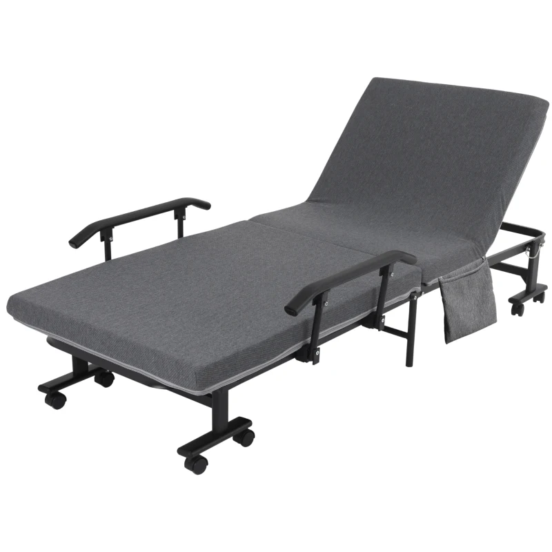 HOMCOM Rollaway Bed, Folding Bed with 3.25" Mattress, Portable Foldable Guest Bed with Adjustable Backrest, and Metal Frame on Wheels, Dark Grey