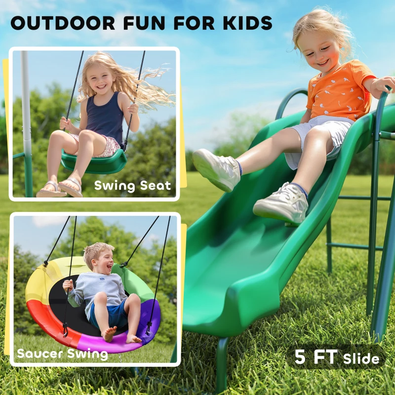 Qaba Metal Swing Set with Slide, Saucer Swing Seat, Heavy Duty A-Frame Stand and Adjustable Rope for Backyard, Dark Green