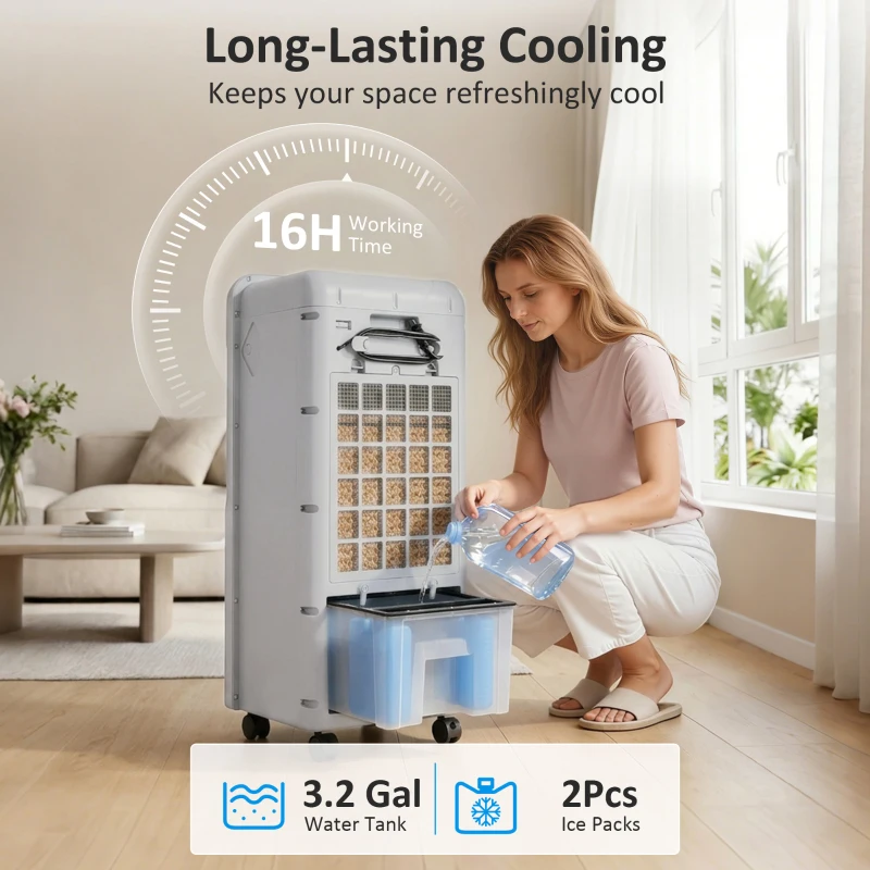 HOMCOM 3-In-1 Ice Cooling Fan, Mobile Evaporative Air Cooler with Remote, Timer, Oscillating for Home Office, Bedroom, Gray