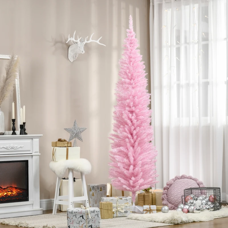HOMCOM 7ft Unlit Pencil Artificial Christmas Tree with Realistic Branches and 499 Tips, Plastic Base, Pink