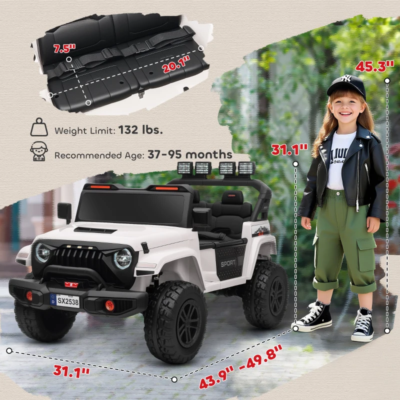 Qaba Ride on Truck Car with 2-Seater, 24V Electric Car with 4 Motors, Remote Control, Spring Suspension for 3-8 Years, White