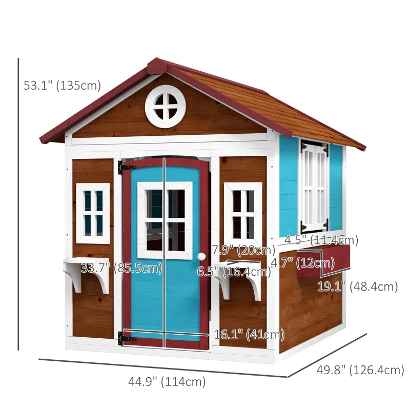 Outsunny Wooden Playhouse for Kids Outdoor with Door, Windows, Planter Pots and Boxes for Toddlers 3-8 Years, Dark Brown