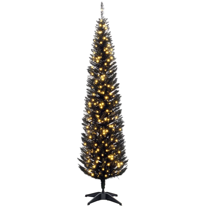 HOMCOM 7ft Pencil Christmas Tree, Slim Artificial Christmas Tree with Realistic Branches and Warm White LED Lights, Black