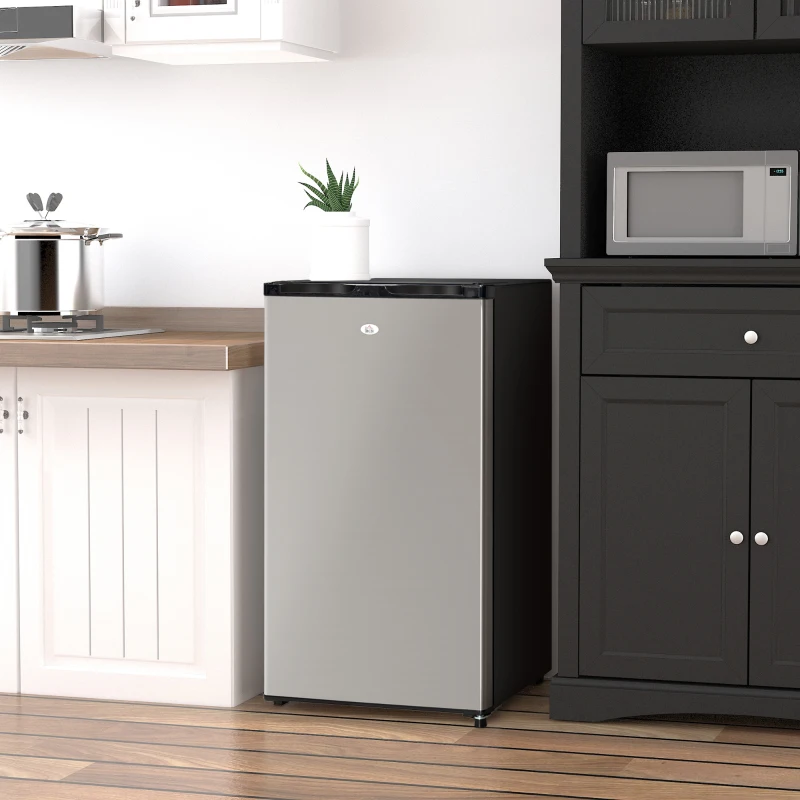 HOMCOM Mini Fridge with Freezer, Compact Mini Refrigerator with 3.3Cu Ft Capacity, Adjustable Shelves and Temperature and Reversible Door for Bedroom, Black/Silver